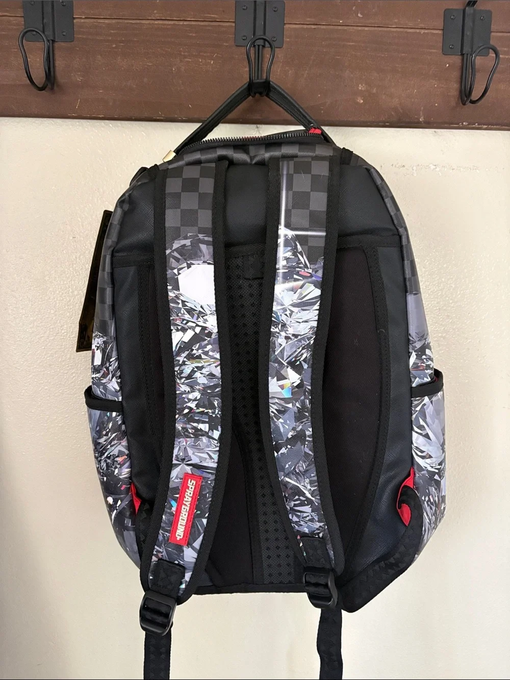 Sprayground Black Checker & Crystal Graphic Backpack with Red Trim